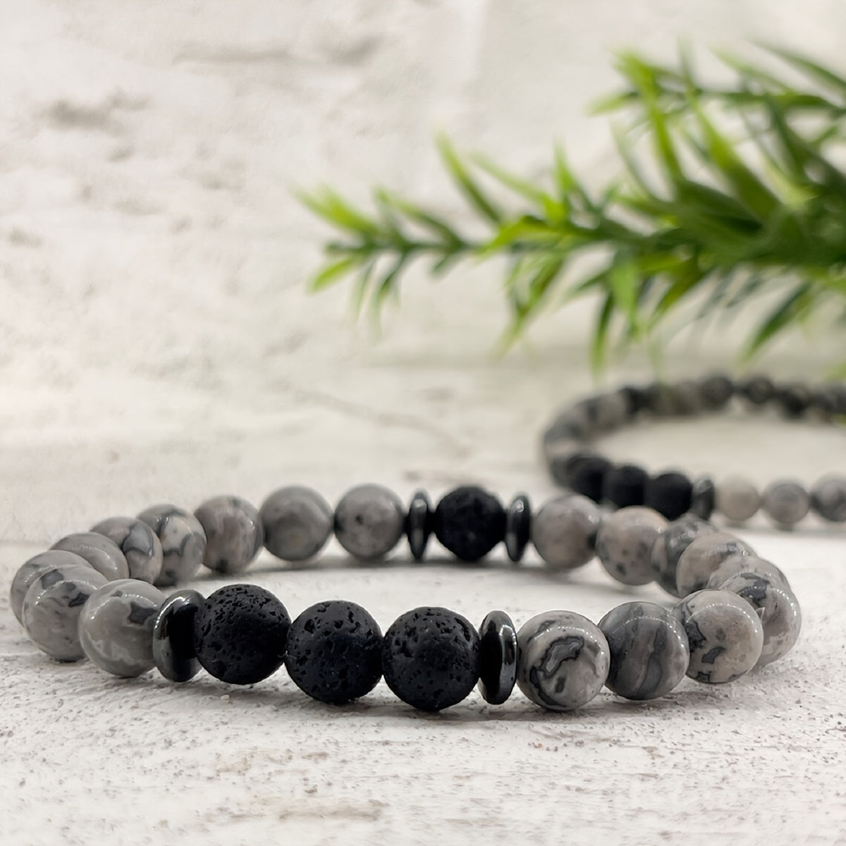 1Natural Stone Healing Bracelet，Gray Map Stone and Black Lava Stone Elastic Bracelet