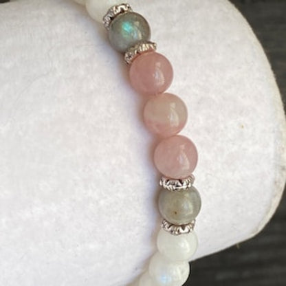 1 Unisex Moonstone Labradorite and Rose Quartz Bracelet，Balance Hormone，Calm Mental Energy Protection