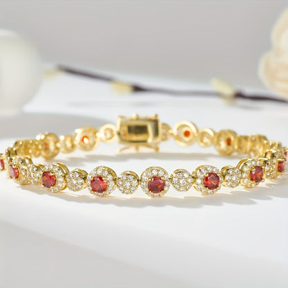 Elegant14K Gold-Plated Tennis Bracelet，with Garnet and White Cubic Zirconia - Perfect Anniversary、Birthday and Valentine's Day Gifts