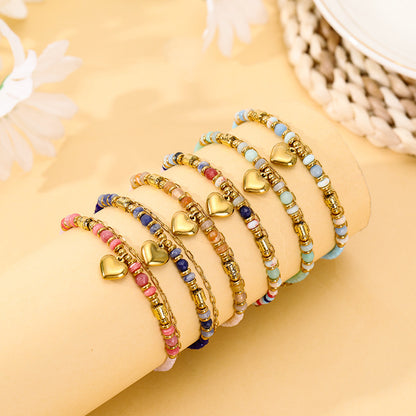 Stainless Steel Bracelet Bohemian Style Natural Stone Beaded Crystal Peach Heart Bracelet Double Layer Women's Bracelet，Ideal for Gifts，Suitable for Multiple Scenarios。