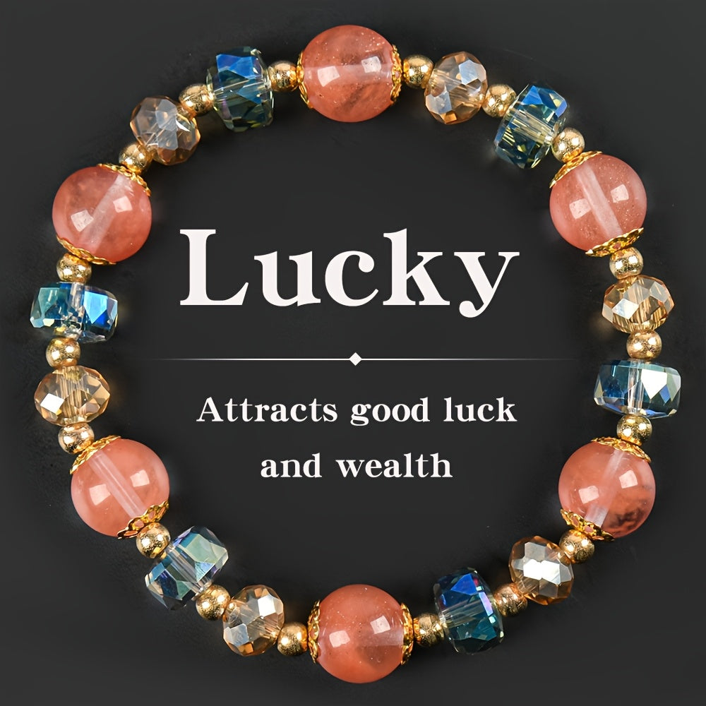 【Holiday Gift】Women's Lucky Crystal Bracelet - Attract Good Luck and Wealth，Perfect Gift for Birthday and Special Occasions，Ideal for Casual Clothing，Solid Bead Design with Faceted Pink and Blue Gems，Golden Tone，ARPURRAINA