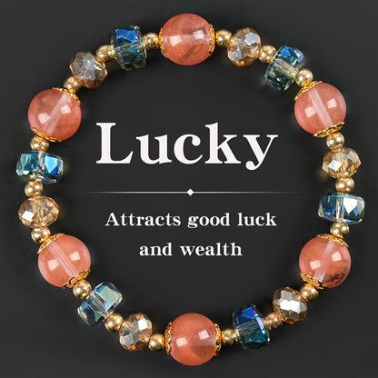 【Holiday Gift】Women's Lucky Crystal Bracelet - Attract Good Luck and Wealth，Perfect Gift for Birthday and Special Occasions，Ideal for Casual Clothing，Solid Bead Design with Faceted Pink and Blue Gems，Golden Tone，ARPURRAINA