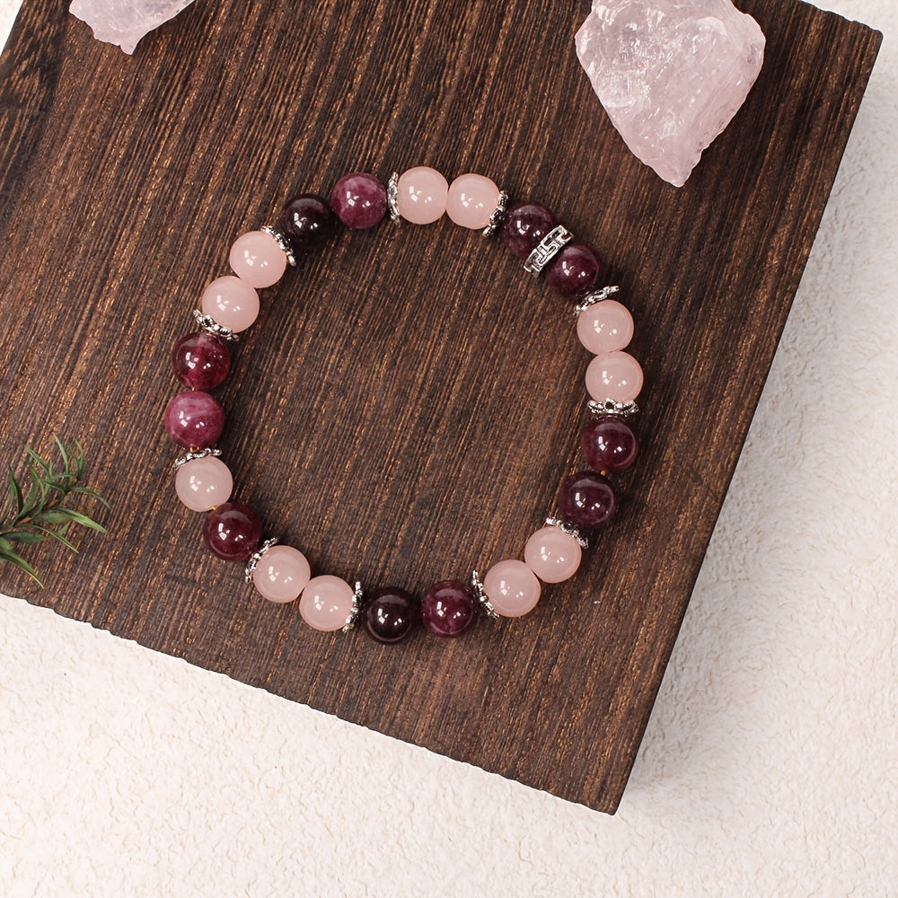 One Self-Love Natural Stone Love Stone Bracelet Rose Stone Ruby Handmade Elastic Jewelry Bracelet，Ideal Gift for Girlfriend on Valentine's Day