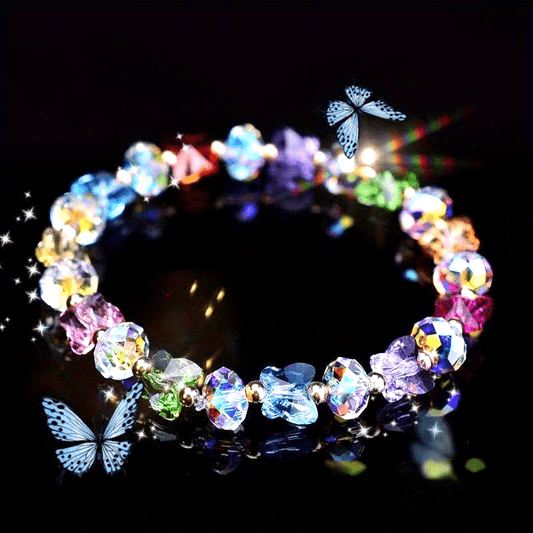 2 Bohemian Butterfly Hanging Ornament Bracelet，with Synthetic Crystal - Stretchable Elastic Rope Jewelry for Girls