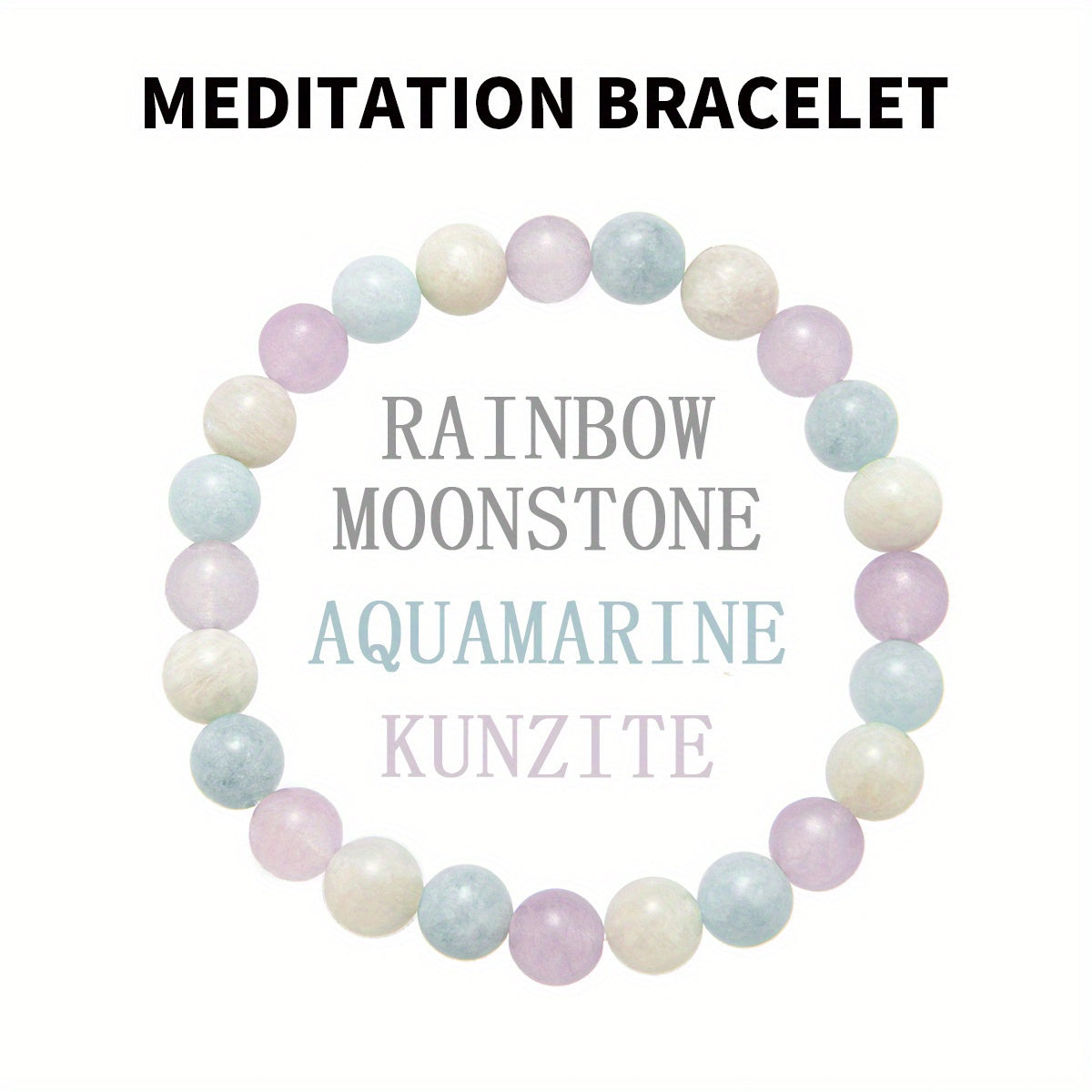 Bohemian Meditation Bracelet，With Crystal、Kunz Stone and Rainbow Moonstone - 8mm round Crystal Beads，Improved Clarity and Spiritual Awakening - Perfect Gift for Women