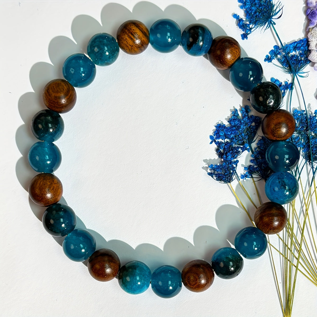 1 Bohemian Blue Apatite and Wood Beads Bracelet - Unisex Calm、Self-Control Support |Elasticity、Colorful Beaded Jewelry，Suitable for Daily Wear and Holiday Gifts