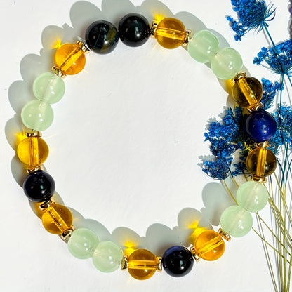 1 Bohemian Style Empathy Protection Bracelet，Equipped with Tiger-Eye Blue、Citrine and Dongling Beads - Elasticity、Color Healing Jewelry，Suitable for Men and Women - Suitable for Daily Wear and Holiday Blessing