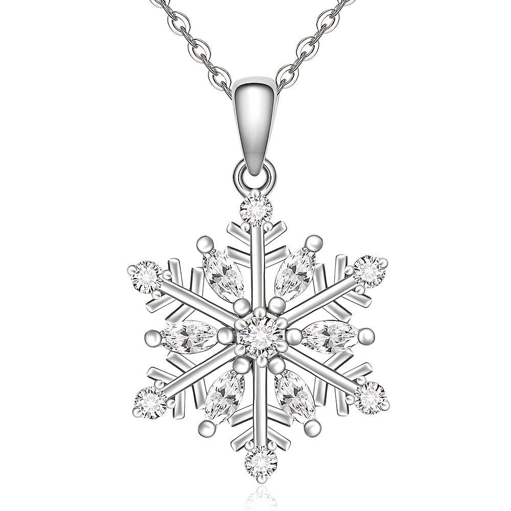 Women's Snowflake Necklace，925 Sterling Silver Winter Snowflake Pendant Necklace，Snow White Square Crystal Zirconia Friendship Jewelry Christmas Holiday Gift