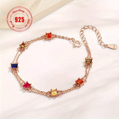 1Pieces 925Sterling Silver Seven-Color Gem Double-Layer Bracelet Women's Special-Interest Design Fashion Women's Stylish Pendant Bracelet Holiday Birthday Gift （0.099oz/2.82g）