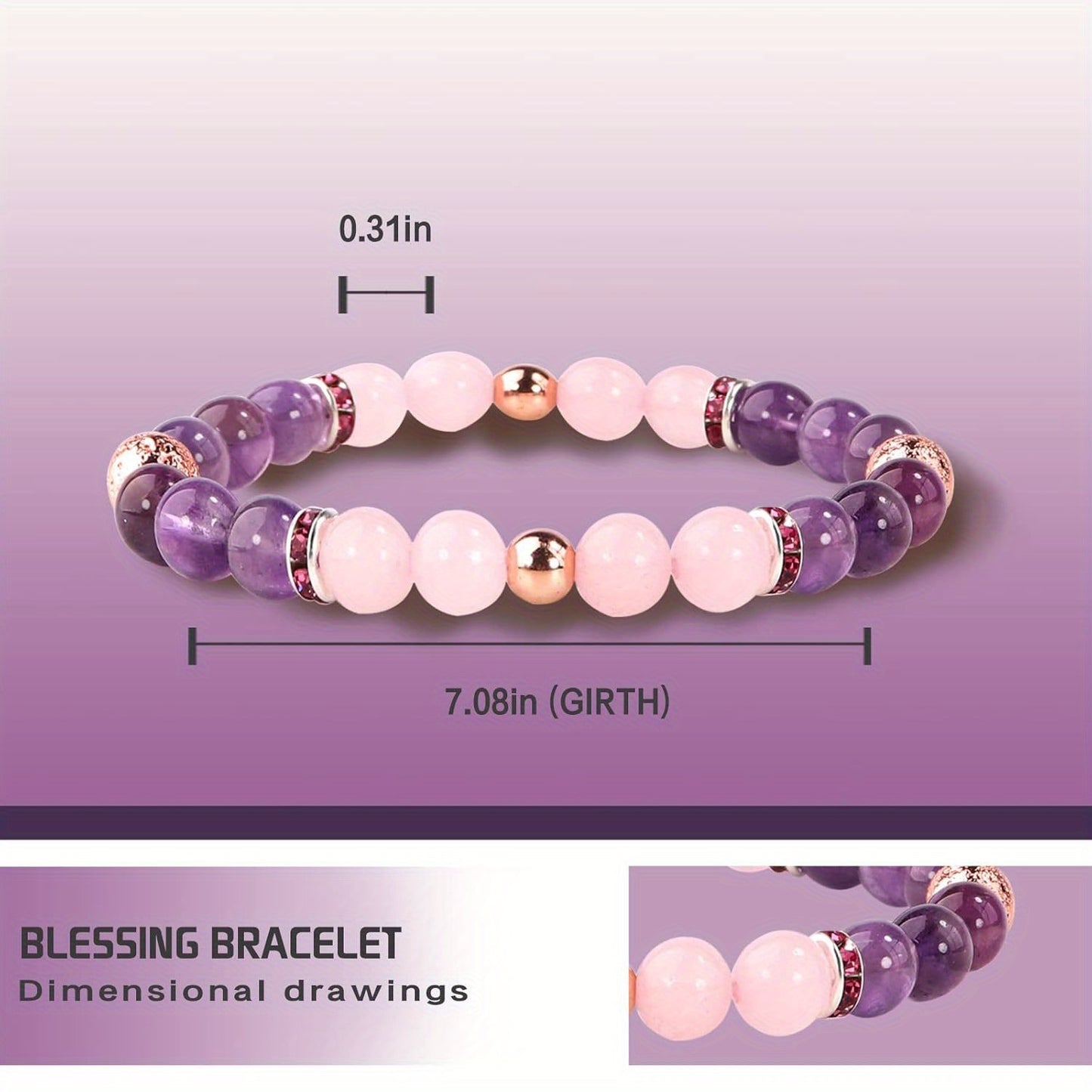 Natural Stone Healing Protection Bracelet，Early Recovery Gift，Gift for Women's Healing Ideas after Surgery，Soothing Bracelet with Meaning Information Card，Gift Box（Amethyst+Rose Quartz）