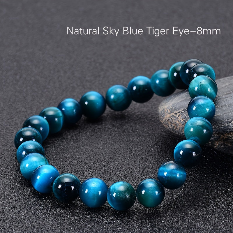 1Strip Natural AAAAA Tiger-Eye Blue Men's Crystal Beads Bracelet - Stylish round8mm Tiger Eye Men's Jewelry Handmade Bead Accessories，Suitable for Romantic Partners、Perfect Couples Gifts for Friends and Family