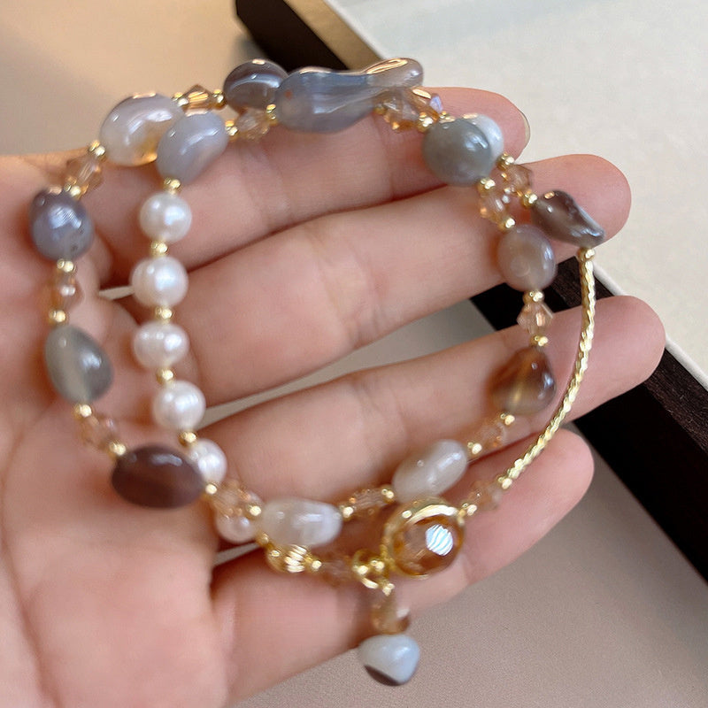 Elegant Double-Layer Pearl and Gem Bracelet - Women's Luxury White Jewelry