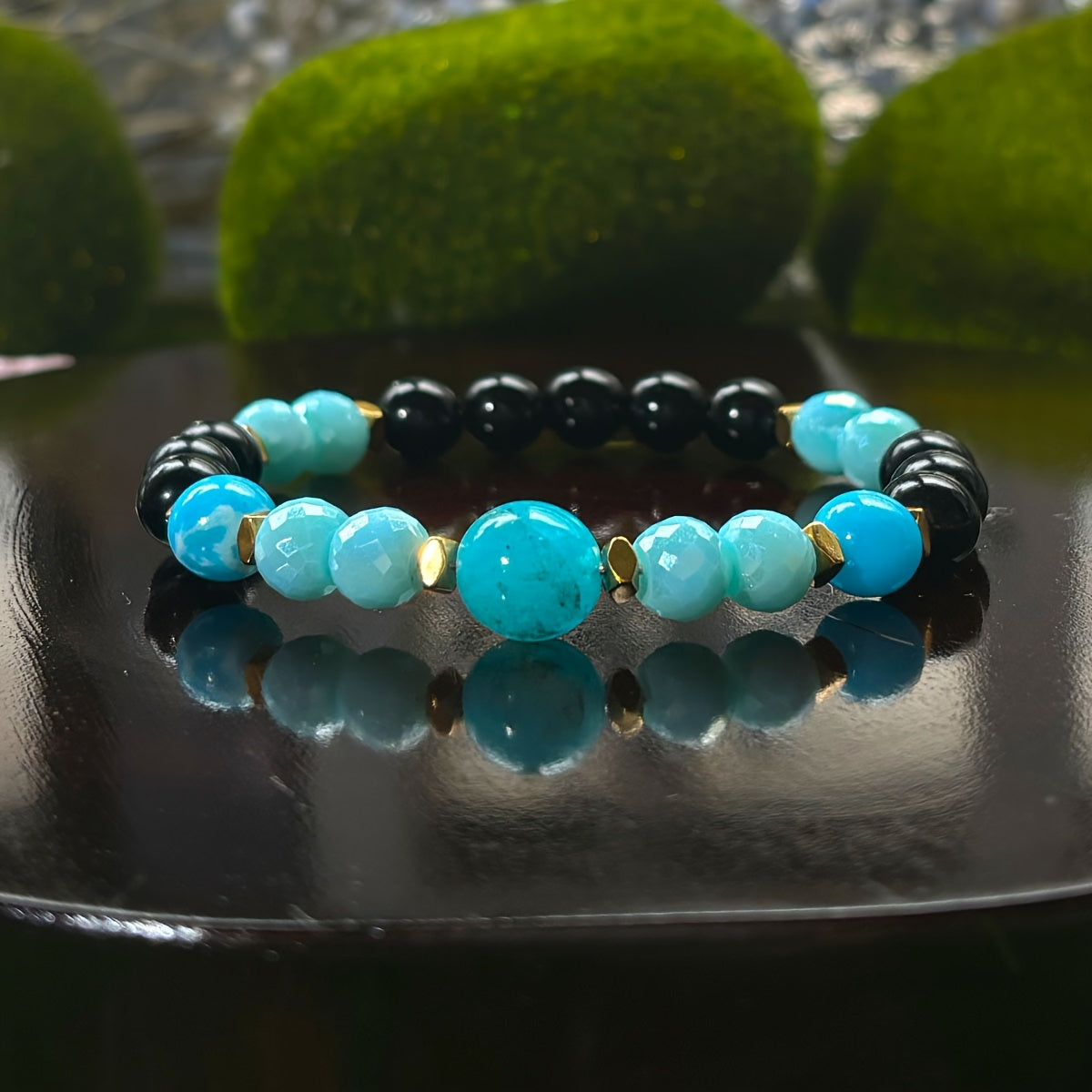 1 Aquamarine and Obsidian Beaded Bracelet，Men's and Women's Confidence、Jewelry Gift of Concentration and Determination，Bracelet