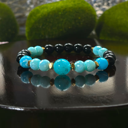 1 Aquamarine and Obsidian Beaded Bracelet，Men's and Women's Confidence、Jewelry Gift of Concentration and Determination，Bracelet