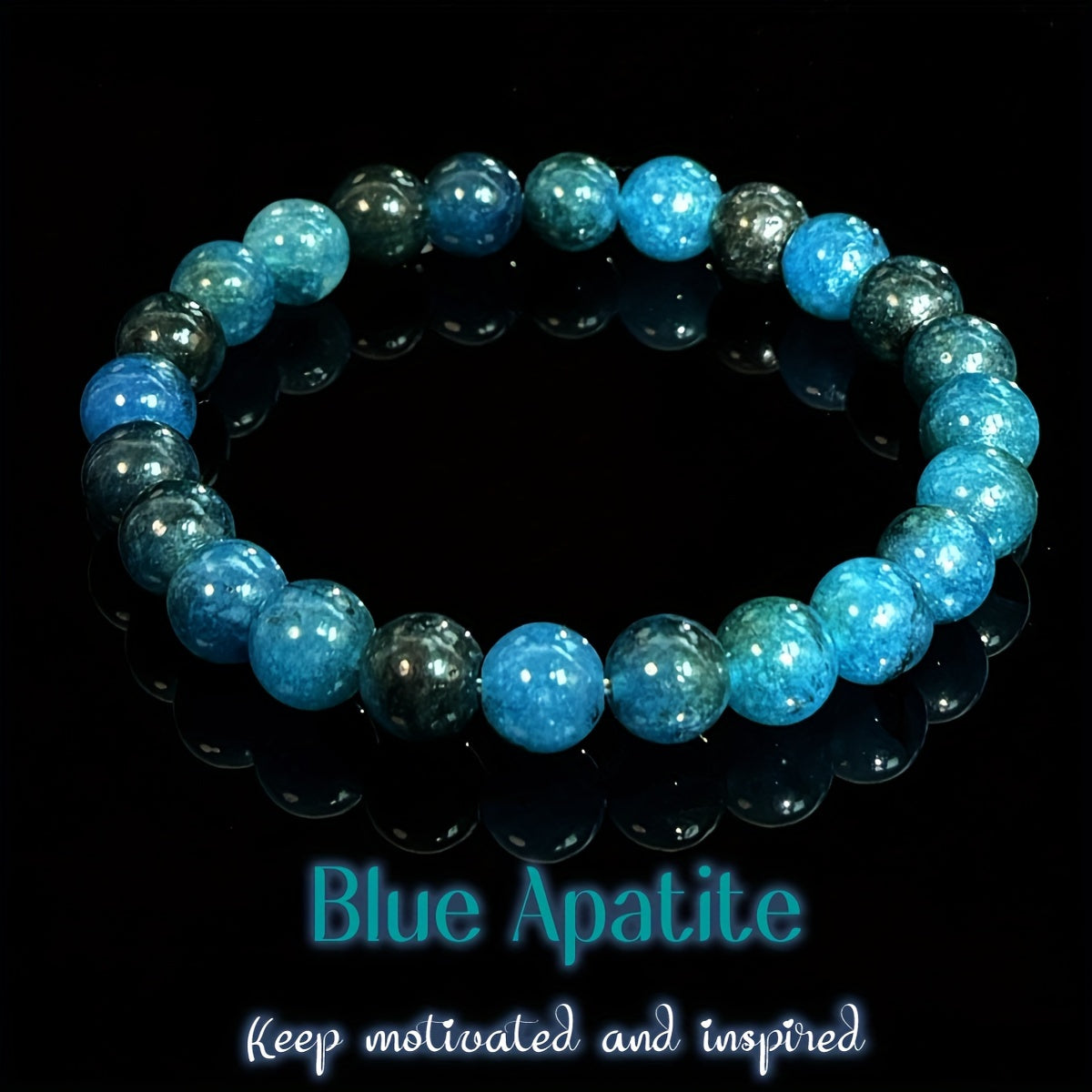 1 Bohemian Style 8 mm Blue Apatite Beaded Elastic Bracelet，Stimulate Motivation and Creativity，Perfect for Everyday Wear Or as a Christmas Gift，Natural Stone Color May Vary