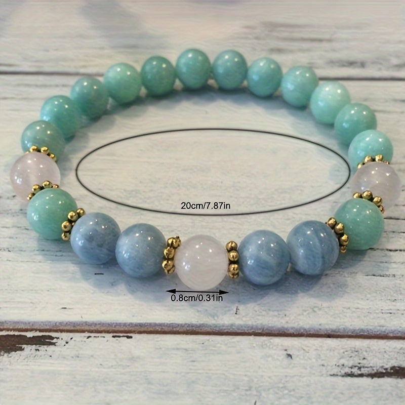 Amazon Stone Aquamarine Rose Quartz Bracelet，Gem Jewelry Gift