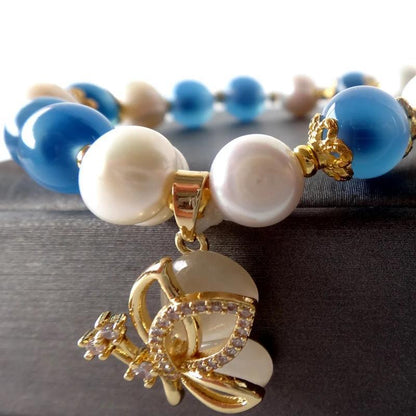 Elegant Aquamarine with Freshwater Stone Bracelet，Handmade Butterfly Hanging Ornament - Her Perfect Gift，Suitable for All Seasons