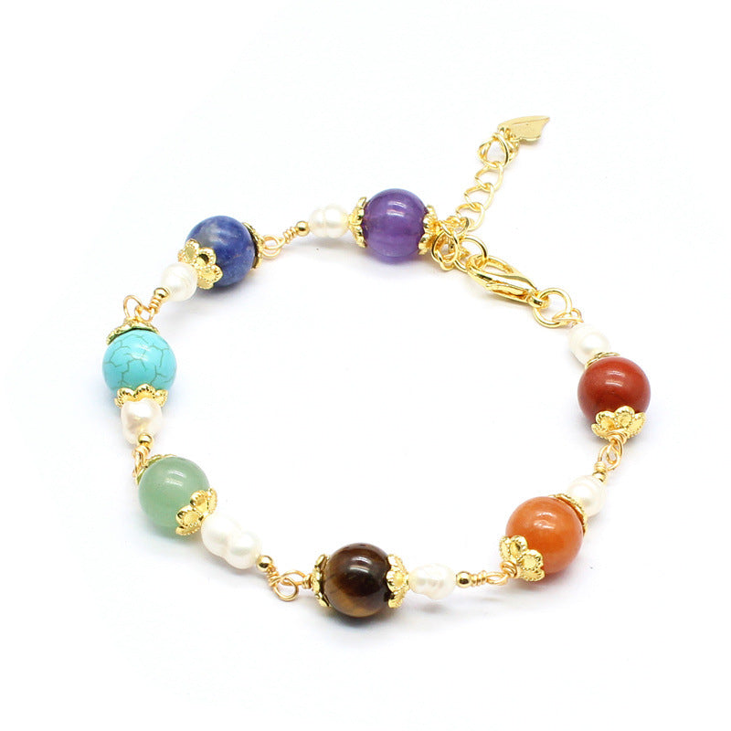 Natural Stone Seven-Color Carat Crystal14K Gilded Hand-Woven Adjustable Lady Fresh Bracelet