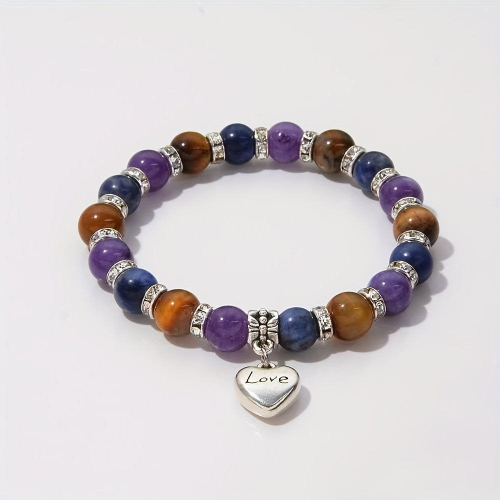 Anxiety Relief Natural Stone Bracelet with Heart Charm - Yellow Tiger's Eye、Amethyst、Lapis Lazuli, Etc. - Sedation and Decompression，Perfect for Valentine's Day、Anniversary and Birthday Gifts