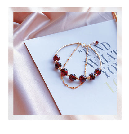 Natural Claret Garnet Bracelet for Women14k Gilded Double Layer lolita Student Korean Style Fashion Simple