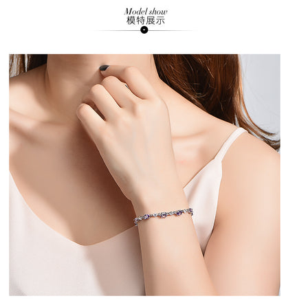 S925Silver Amethyst Couple Purple Diamond Sterling Silver Bracelet Female Korean Style Personalized and Mori Girlfriends Jewelry Wholesale Delivery