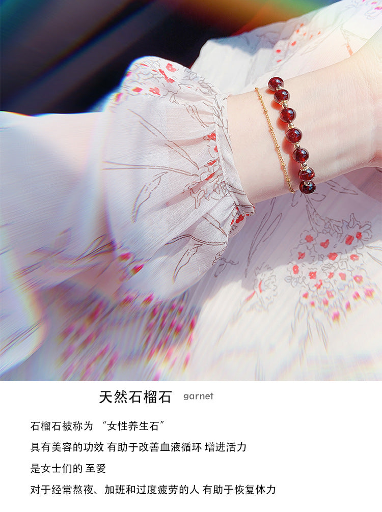 Natural Claret Garnet Bracelet for Women14k Gilded Double Layer lolita Student Korean Style Fashion Simple