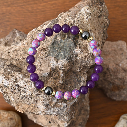 1pc Handcrafted Imperial Jasper & Amethyst Bead Bracelet - Elastic, Fragrance-Free Jewelry for Inner Peace & Confidence, Purple and Golden with Decorative Accents