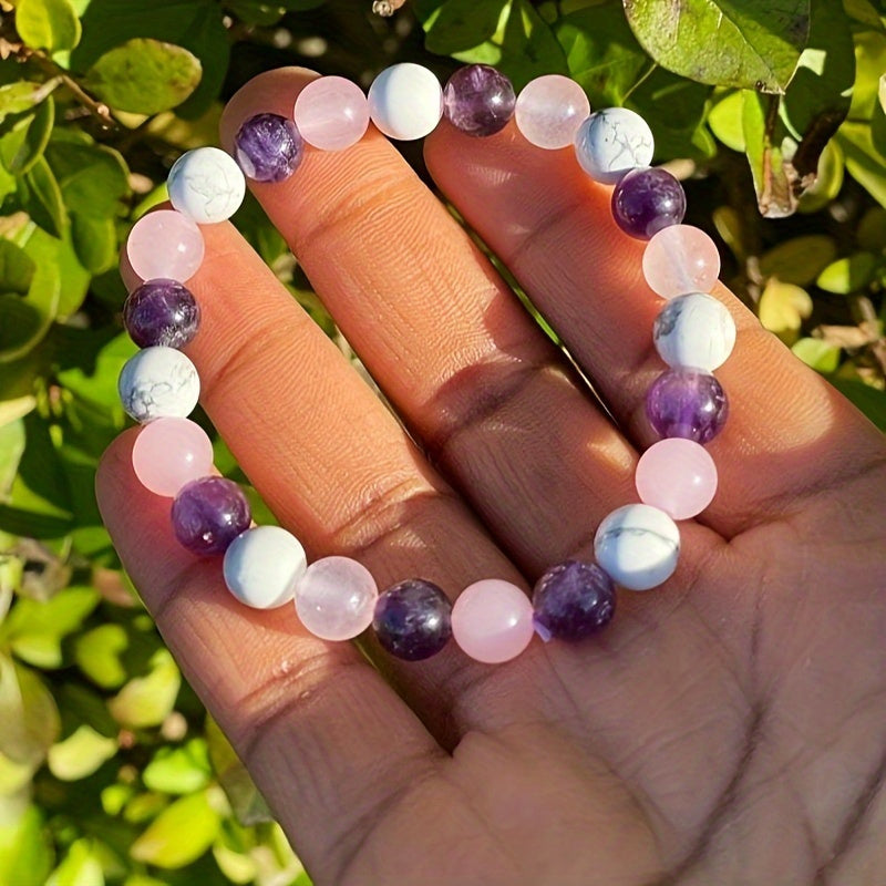 Anxiety and Stress Bracelet，Anxiety Chakras Protection Bracelet，Gems Bring Inner Peace，Crystal Bracelet，White Dolomite，Rose Quartz，Amethyst，It Is a Perfect Gift for Men and Women