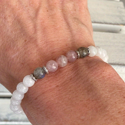 1 Unisex Moonstone Labradorite and Rose Quartz Bracelet，Balance Hormone，Calm Mental Energy Protection