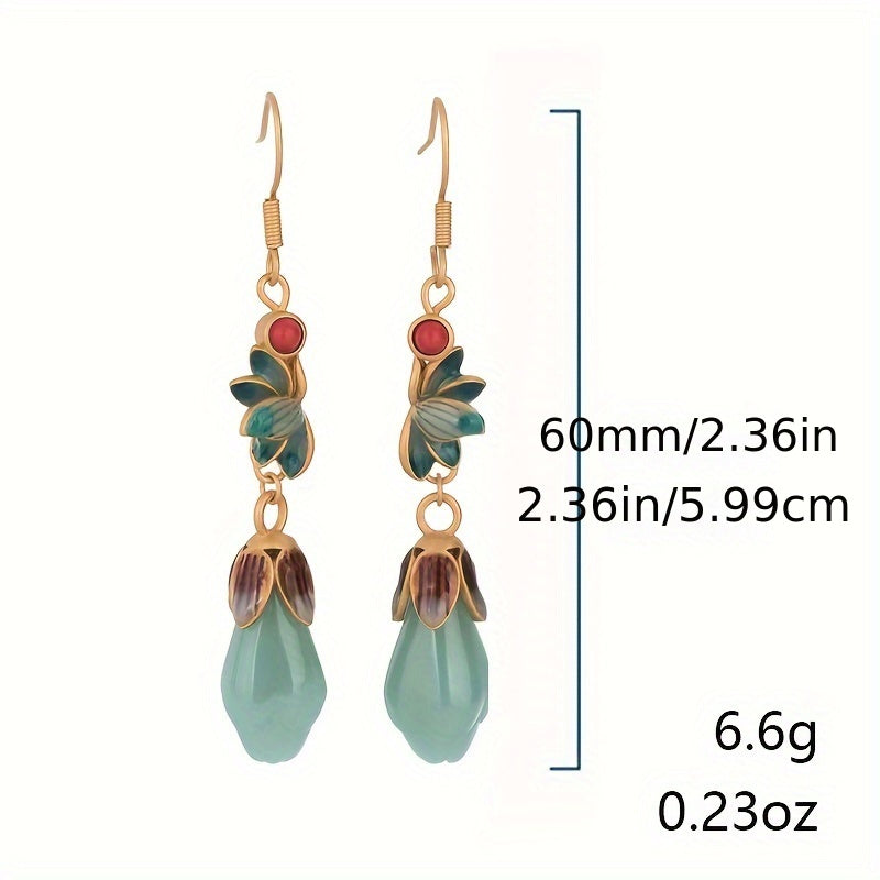 A Pair of Tribal Luxury24K Gold Plated Copper Earrings，with Imitation Jade Inlaid and Agate Pendant，Suitable for Women to Wear - Hypoallergenic Nickel-Free Stud Earrings，Suitable for Daily and Banquet Wear，Jewelry Suitable for All Seasons