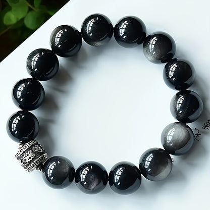 Bohemian Bracelet - Natural Silver and Black Obsidian with Crystal Embellishment，Perfect Couples Gift