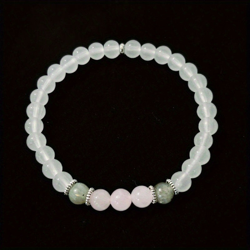 Elegant Natural Pink Roses Quartz Moonstone White Porcelain Beads Bracelet，Non-Coated Rock Crystal Decoration，Suitable for Daily Wear and Wedding，Suitable for All Seasons，Ideal Christmas Gift