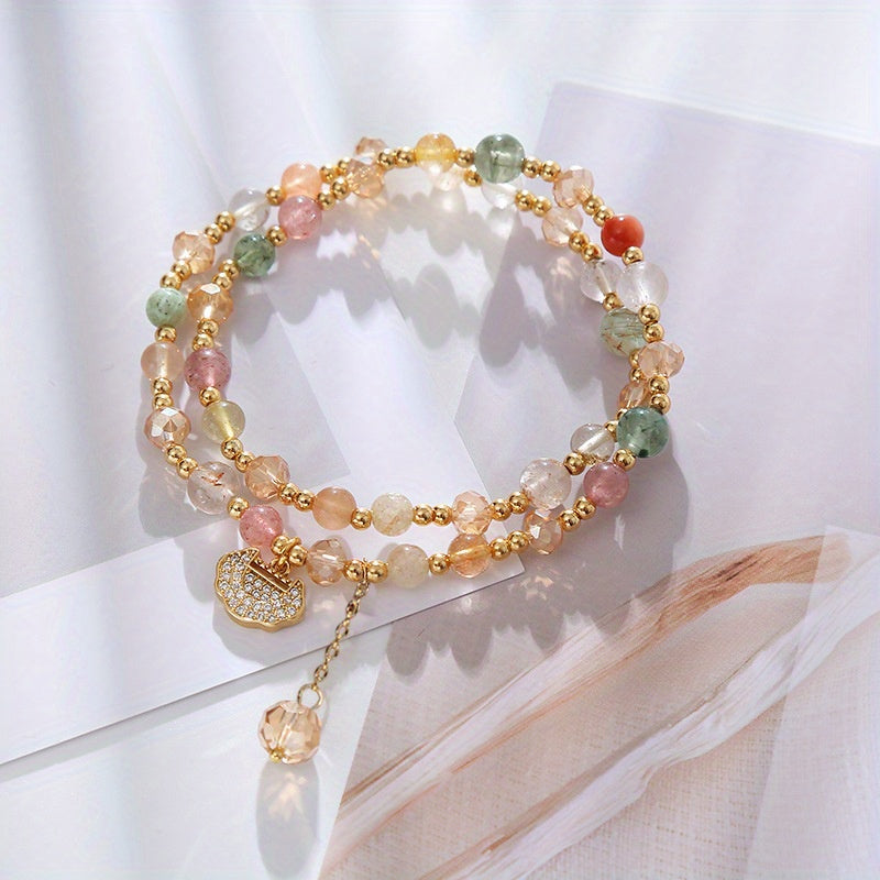 Double Layer Rainbow Stone Beads Bohemian Crystal Bracelet，Shiny Longevity Lock Charm，Sweet and Fashionable Strawberry Stone Bracelet，Suitable for Women to Wear