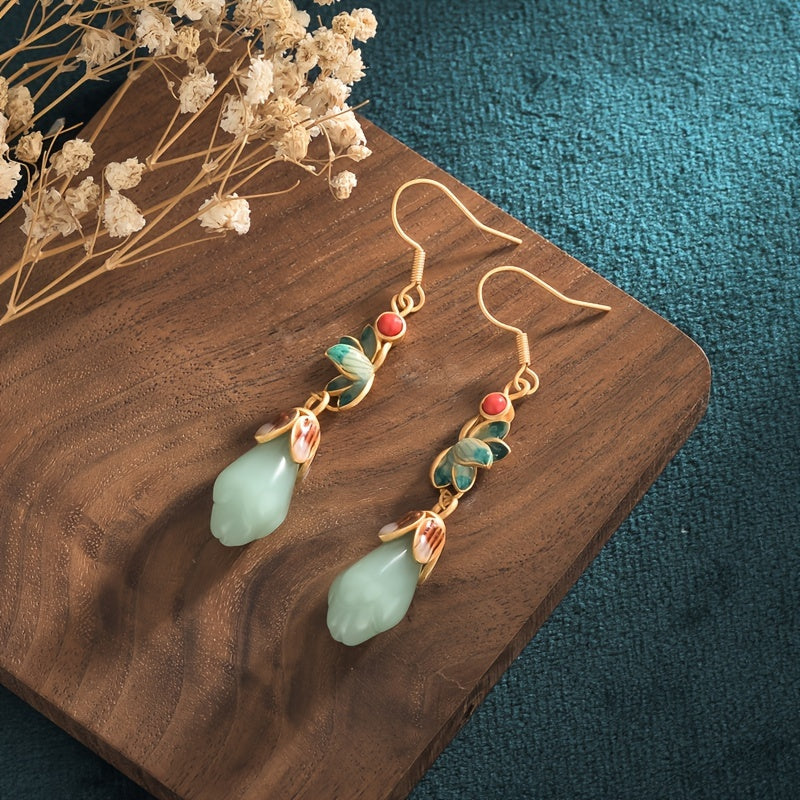 A Pair of Tribal Luxury24K Gold Plated Copper Earrings，with Imitation Jade Inlaid and Agate Pendant，Suitable for Women to Wear - Hypoallergenic Nickel-Free Stud Earrings，Suitable for Daily and Banquet Wear，Jewelry Suitable for All Seasons