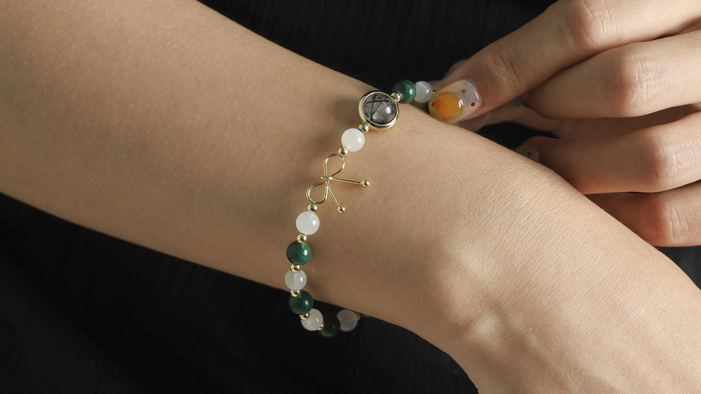 Elegant French Gem Bracelet - 14K Gold Plated Moonstone、Malachite、Tigereye and Amethyst Beads，Boost Intuition、Confidence and Spiritual Growth - Suitable for Christmas and Daily Wear