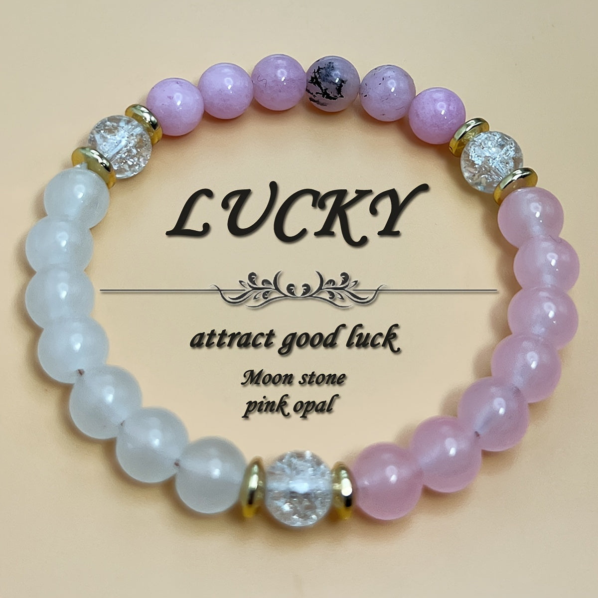 Lucky Moonstone Pink Opal Rose Quartz Beaded Bracelet - Healing Crystal Good Luck Charm Jewelry，Suitable for Men and Women - 1 Pieces