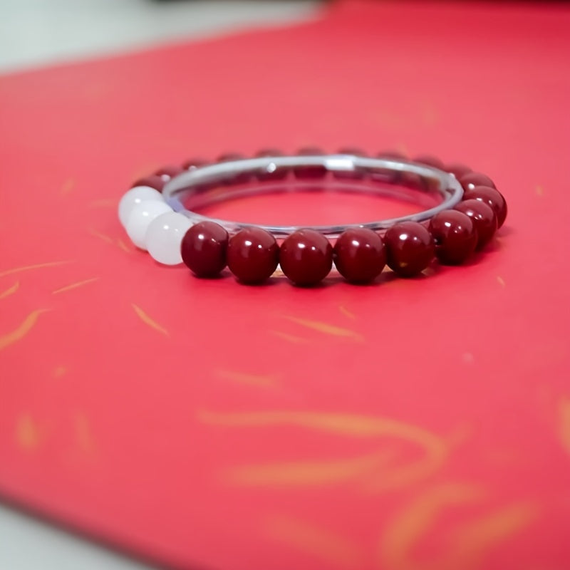 White Stone and Cinnabar Bracelet Combination，Symbolizing Purity and Luck，Gift for Girlfriend Or Friend，Ring Length6.93Inch，Bead Diameter0.8mm，Elastic Rope