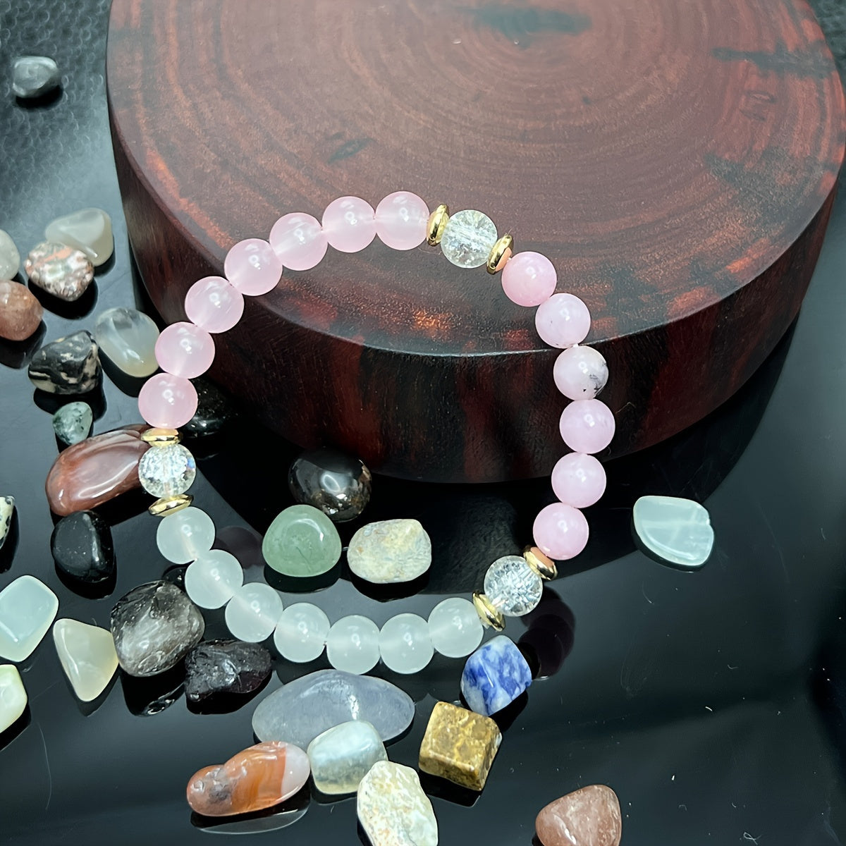 Lucky Moonstone Pink Opal Rose Quartz Beaded Bracelet - Healing Crystal Good Luck Charm Jewelry，Suitable for Men and Women - 1 Pieces