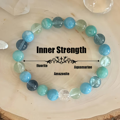 Emotional Healing and Inner Strength Fluorite Aquamarine and Amazonite 8 mm Gemstone Bracelet Women's Jewelry Gift