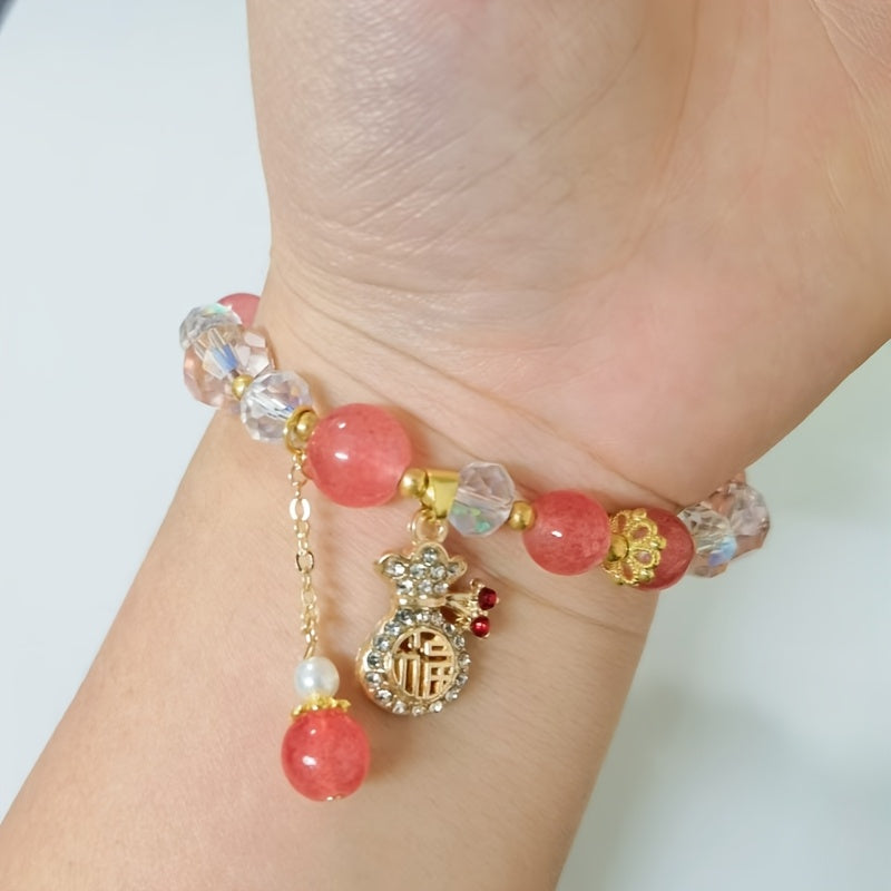 Women's Repair Strawberry Crystal Bracelet，Transition Golden Sucking，Wallet Pendant Crystal String，Family and Friends Must-Have。