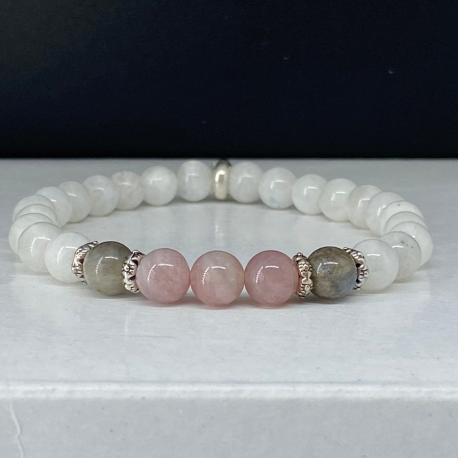 1 Unisex Moonstone Labradorite and Rose Quartz Bracelet，Balance Hormone，Calm Mental Energy Protection