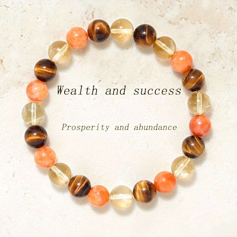 A Tigereye and Citrine Crystal Bead Bracelet - 1Pieces - Gem Elastic Wristband for Fortune and Success - Solid Format Accessories - Ideal Gift for Friendship and Party