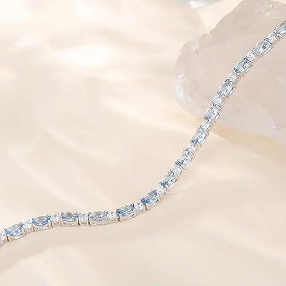 925Sterling Silver High-Grade Simple Exquisite Fashion Elegant Sterling Silver Sea Blue Artificial Gemstone Crystal Bracelet，Women's Bracelet，Anti-Allergy，Anniversary Birthday Gift，Exquisite Gift Packaging