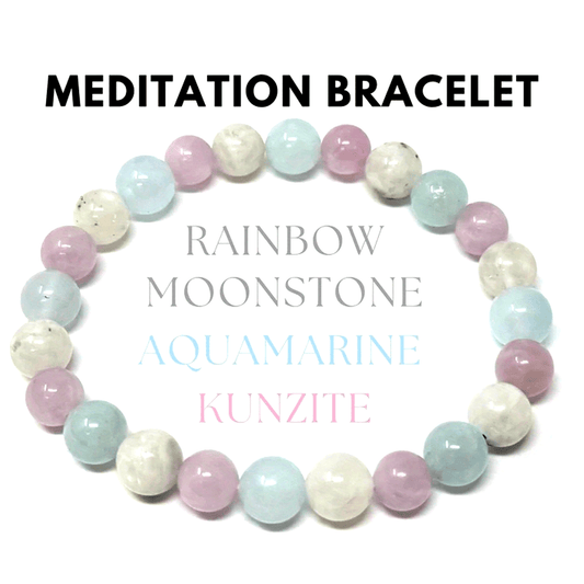 Bohemian Meditation Bracelet，With Crystal、Kunz Stone and Rainbow Moonstone - 8mm round Crystal Beads，Improved Clarity and Spiritual Awakening - Perfect Gift for Women