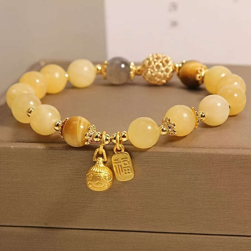 Elegant Citrine Beads Bracelet with Gold Beast Charm - Retro Style Women's Fashion Accessories，Suitable for Casual Wear and Gifts