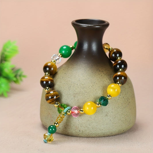 1 Round Beads Yellow Tigereye Couple Fashion Jewelry，Men's Elastic Bracelet，Party Holiday Gift