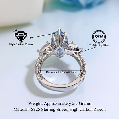 4 Carat S925 Sterling Silver Blue Zirconia VVS1 Definition Horse Eye Ring，5A+ Grade High Carbon Zirconia，High Quality Jewelry，March Birthday Stone，Blue Stone Ring，Wedding Ring，Engagement Ring，Christmas Gift，Birthday Gift，Anniversary