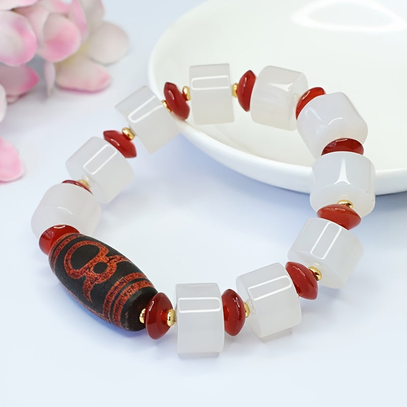 Men's Charm White Agate Beads Bracelet - Natural Stone，Non-Magnetic，Fashion Ornament，Get Rich