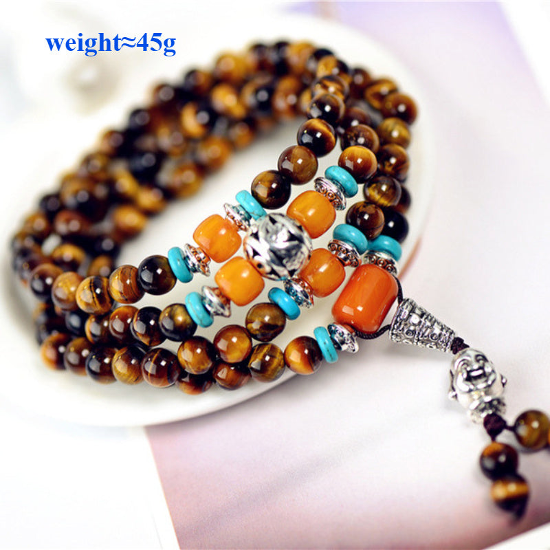 This Style108Beads Bracelet Suitable for Men and Women，Designed with Buddha Head and Four-Layer Extension，Fashionable Neutral Bracelet Made of Multifunctional Yellow Tiger's Eye。