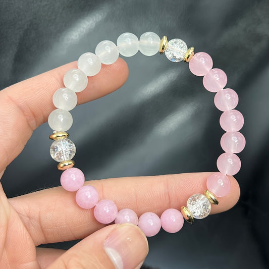 Lucky Moonstone Pink Opal Rose Quartz Beaded Bracelet - Healing Crystal Good Luck Charm Jewelry，Suitable for Men and Women - 1 Pieces